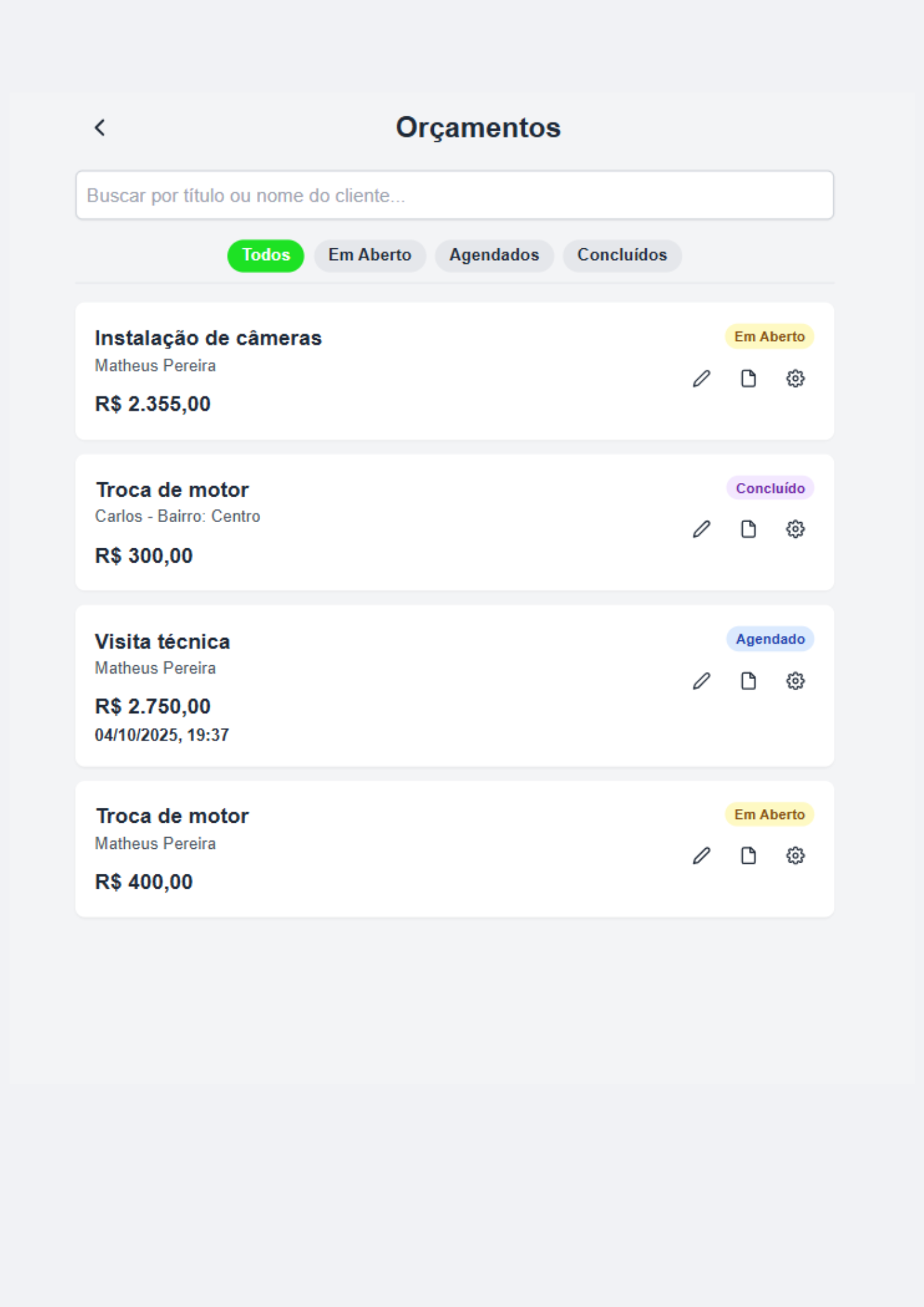 Tela de acompanhamento de orçamentos